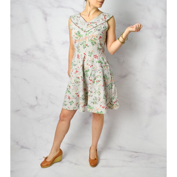 1950s Novelty Print Dress Size Medium 50s Ferns Leaves Print Cotton Day Dress - Picture 2 of 10